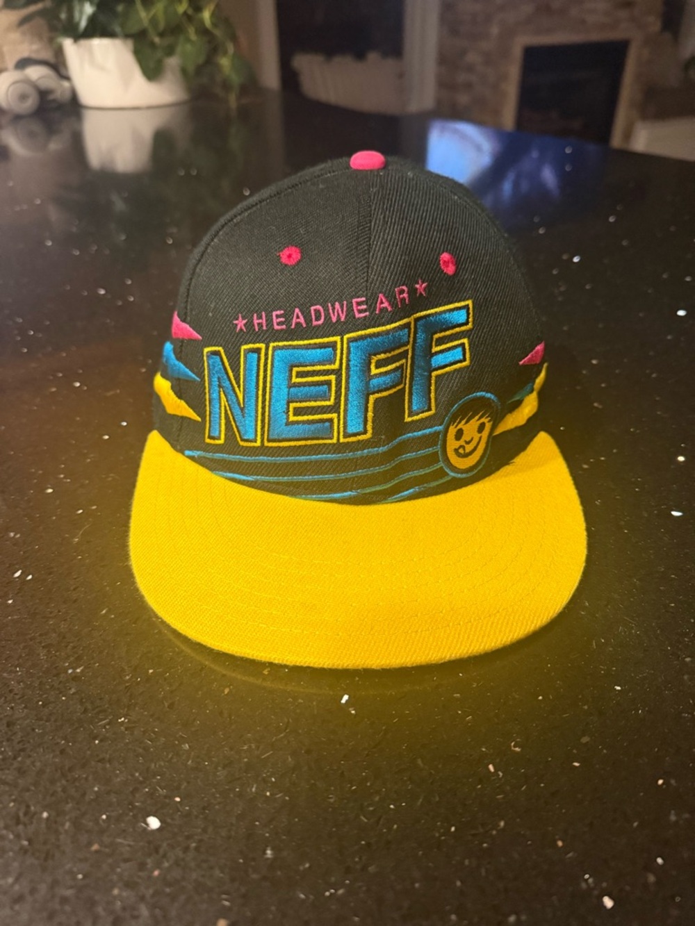 Neff Black Snapback Hat with Yellow Brim and Pink Accents - Picture 2 of 5